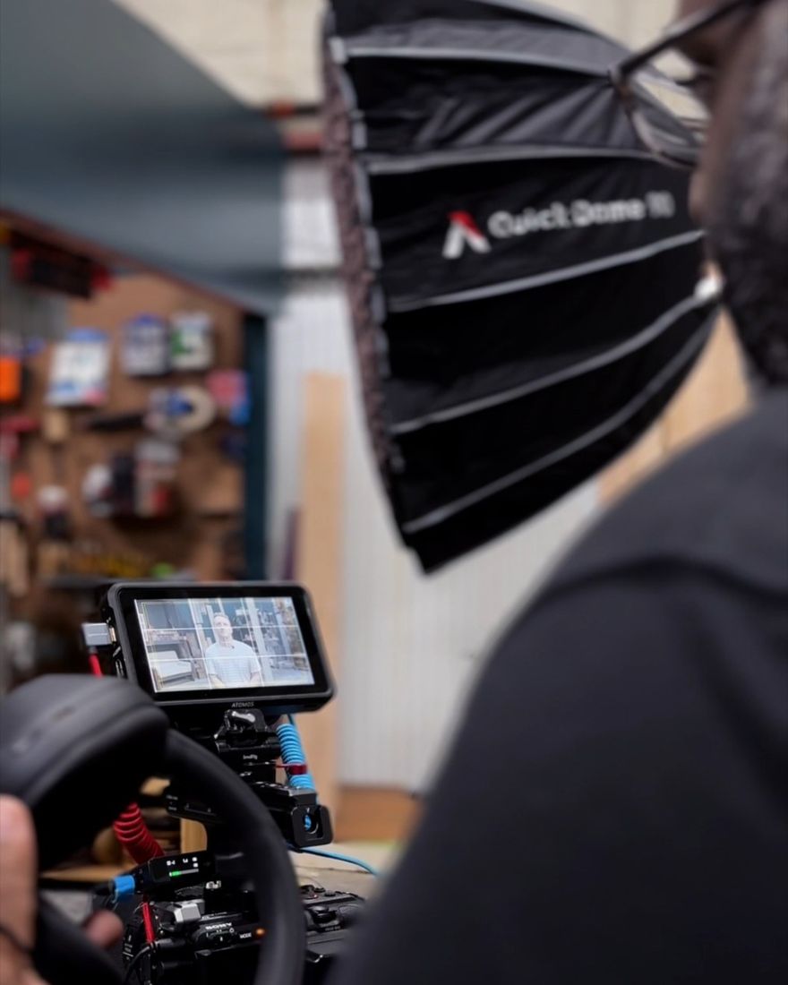 Lighting and monitor check during a West45 Media interview shoot